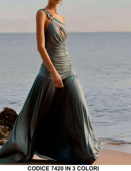 Abito Lungo Elegante Monospalla con Fermaglio Gioiello Corpetto a Fascia Vestito Evento in 3 Colori - 7420