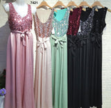 Abito Lungo Elegante Cerimonia Corpetto Paillettes Gonna Rasata con Cintura Vestito Evento in 6 Colori - 7421