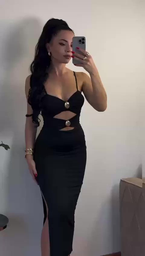 Abito Lungo Elegante Aderente con Bretelle Vestito Cut Out Fermaglio Dorato Gioiello Evento in 7 Colori - 7422