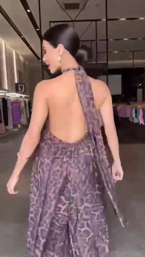 Tuta Intera Allacciata al Collo Stampa Animalier Maculata Jumpsuit Pantalone Largo Schiena Scoperta - 7425