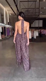 Tuta Intera Allacciata al Collo Stampa Animalier Maculata Jumpsuit Pantalone Largo Schiena Scoperta - 7425