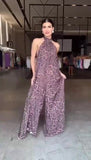 Tuta Intera Allacciata al Collo Stampa Animalier Maculata Jumpsuit Pantalone Largo Schiena Scoperta - 7425