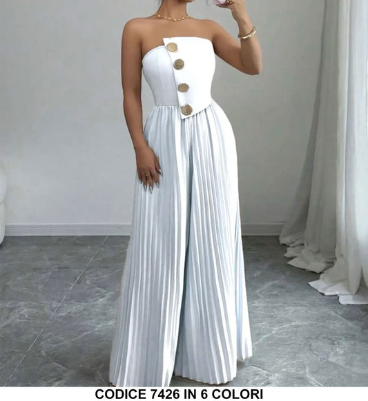 Tuta Elegante Intera Corpetto Bottoni Oro Gioiello Pantalone Largo Plissettato Jumpsuit Evento in 6 Colori - 7426