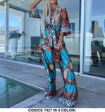 Completo Kimono Giacca Scollo Dritto con Cinturina Pantalone Palazzo Coordinato Giappone Multicolore in 4 Colori - 7427