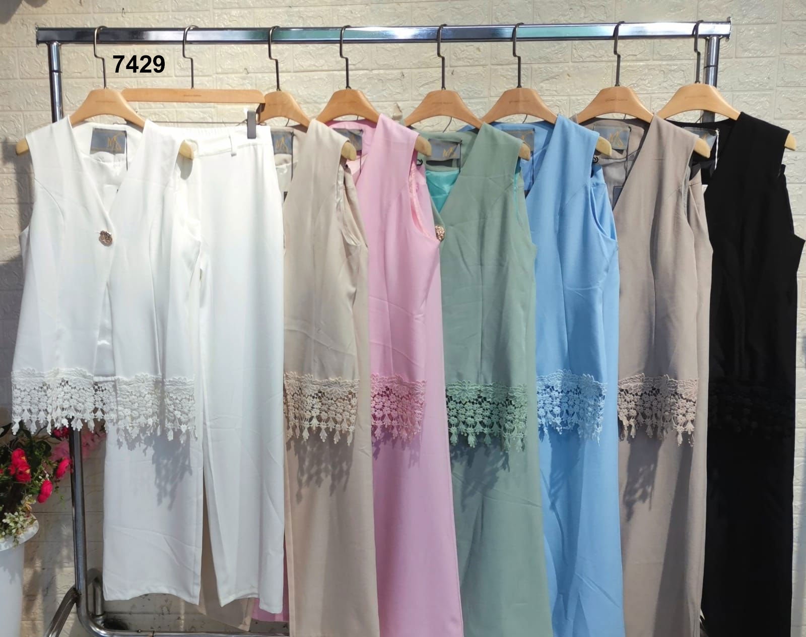 Completo Elegante Maglia Gilet Orlo in Pizzo Merletto Pantalone Palazzo Coordinato Casual in 7 Colori - 7429