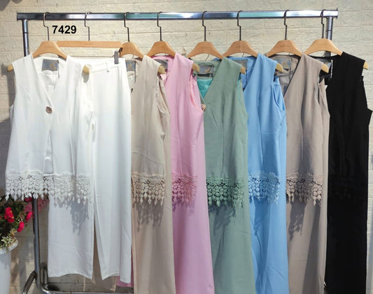 Completo Elegante Maglia Gilet Orlo in Pizzo Merletto Pantalone Palazzo Coordinato Casual in 7 Colori - 7429