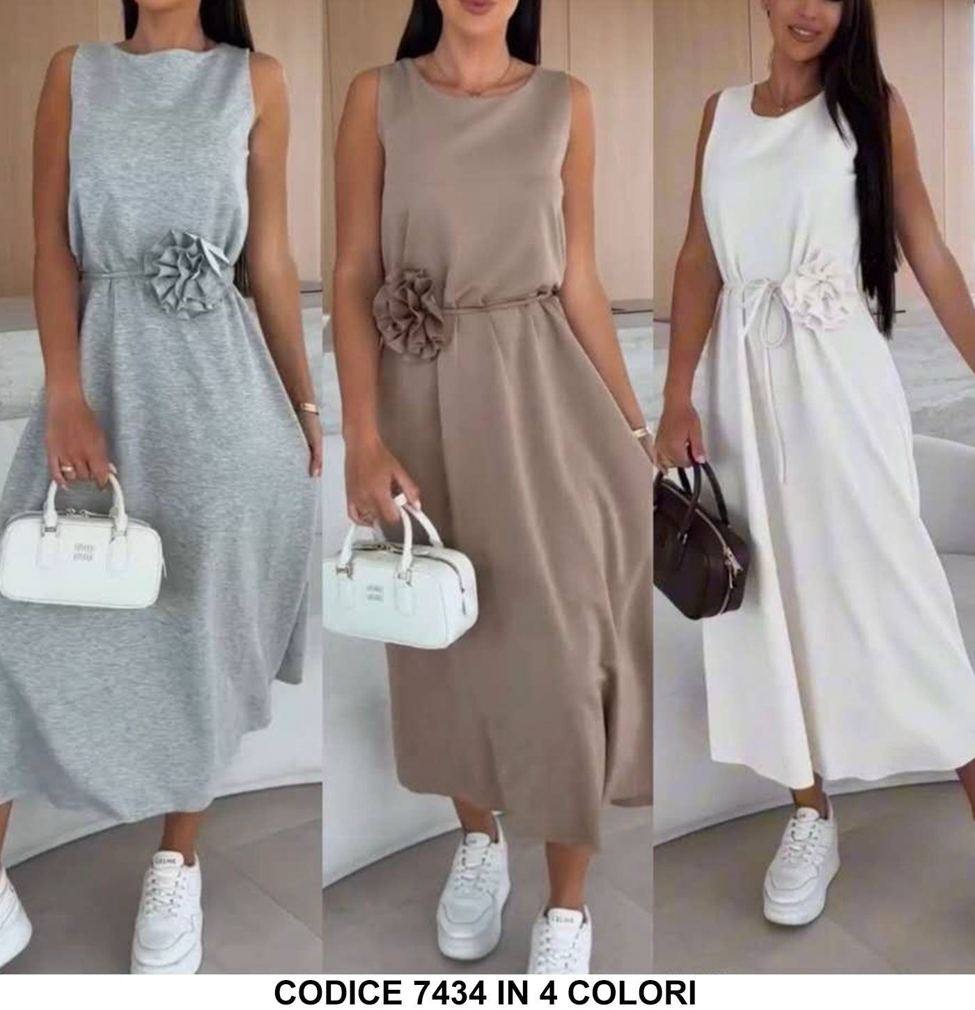 Abito Lungo Midi Casual Smanicato Cinturina con Rosa Grande Vestito Serata Romantico in 4 Colori - 7434