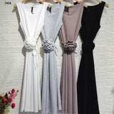 Abito Lungo Midi Casual Smanicato Cinturina con Rosa Grande Vestito Serata Romantico in 4 Colori - 7434