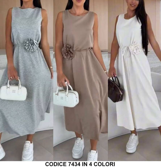Abito Lungo Midi Casual Smanicato Cinturina con Rosa Grande Vestito Serata Romantico in 4 Colori - 7434