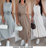 Abito Lungo Midi Casual Smanicato Cinturina con Rosa Grande Vestito Serata Romantico in 4 Colori - 7434