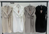 Abito Corto Smanicato Elegante Effetto Blazer Collo Giacca Vestito Cut Out Spilla Gioiello in 4 Colori - 7435