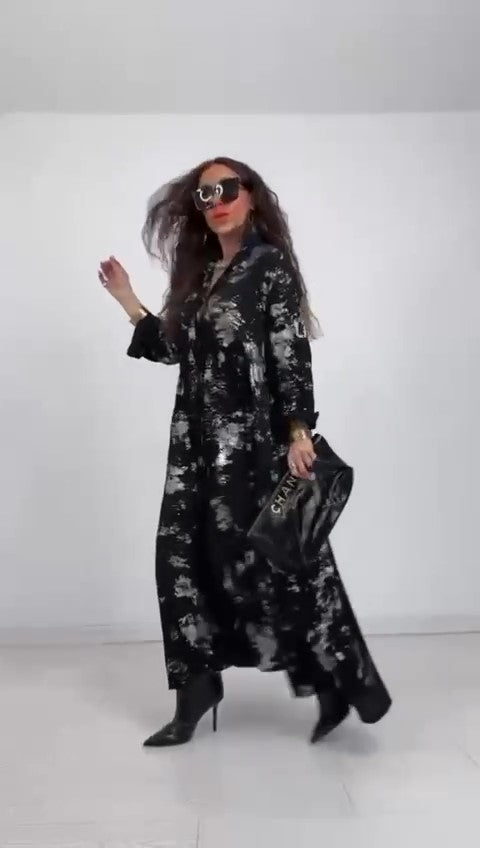 Abito Lungo Elegante Nero Modello Ampio con Cintura Effetto Spennellato Oro o Argento Vestito Casual - 7436