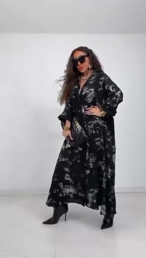 Abito Lungo Elegante Nero Modello Ampio con Cintura Effetto Spennellato Oro o Argento Vestito Casual - 7436