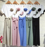 Abito Lungo Casual Bicolore con Cintura Spilla con Rosa in Petto Vestito Romantico in 5 Colori - 7437