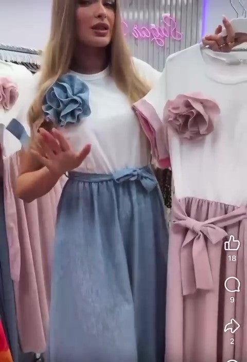 Abito Lungo Casual Bicolore con Cintura Spilla con Rosa in Petto Vestito Romantico in 5 Colori - 7437