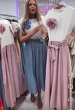 Abito Lungo Casual Bicolore con Cintura Spilla con Rosa in Petto Vestito Romantico in 5 Colori - 7437