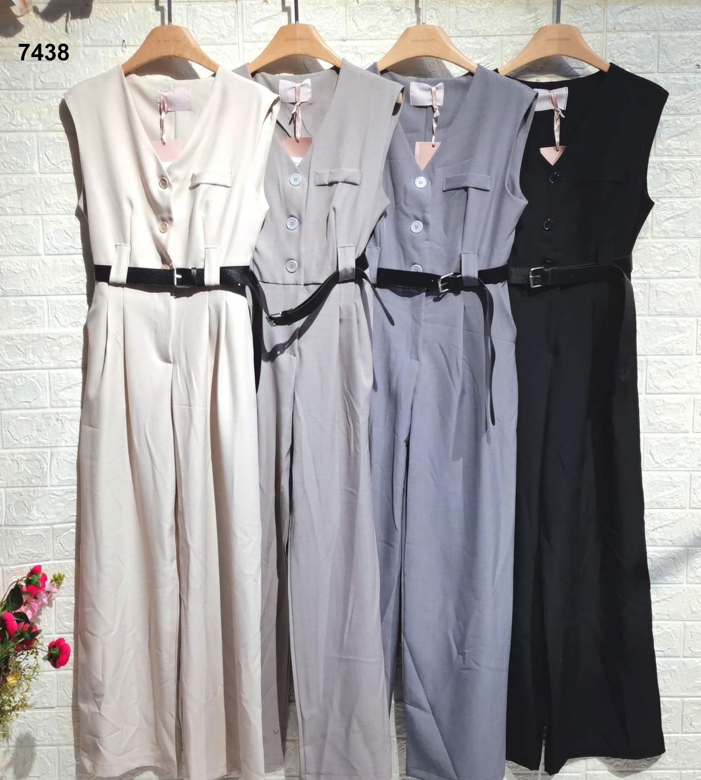 Tuta Intera Elegante Smanicata Effetto Chemisier con Cintura Nera Jumpsuit Pantalone Palazzo in 4 Colori - 7438