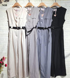 Tuta Intera Elegante Smanicata Effetto Chemisier con Cintura Nera Jumpsuit Pantalone Palazzo in 4 Colori - 7438