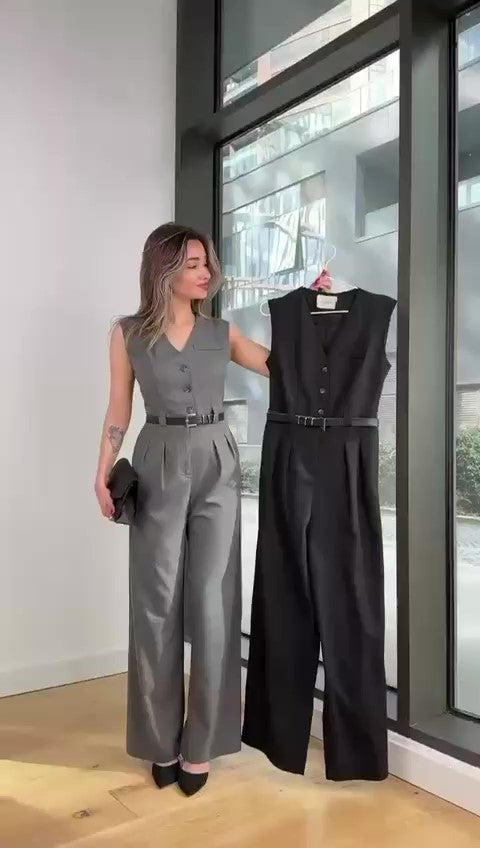 Tuta Intera Elegante Smanicata Effetto Chemisier con Cintura Nera Jumpsuit Pantalone Palazzo in 4 Colori - 7438