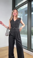 Tuta Intera Elegante Smanicata Effetto Chemisier con Cintura Nera Jumpsuit Pantalone Palazzo in 4 Colori - 7438