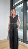 Tuta Intera Elegante Smanicata Effetto Chemisier con Cintura Nera Jumpsuit Pantalone Palazzo in 4 Colori - 7438
