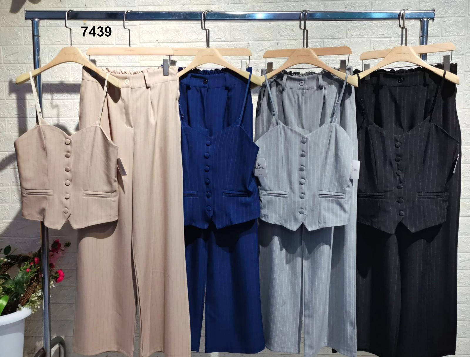 Completo Elegante con Righini Gessato Maglia Gilet Pantalone Palazzo Coordinato Tailleur Casual in 4 Colori - 7439