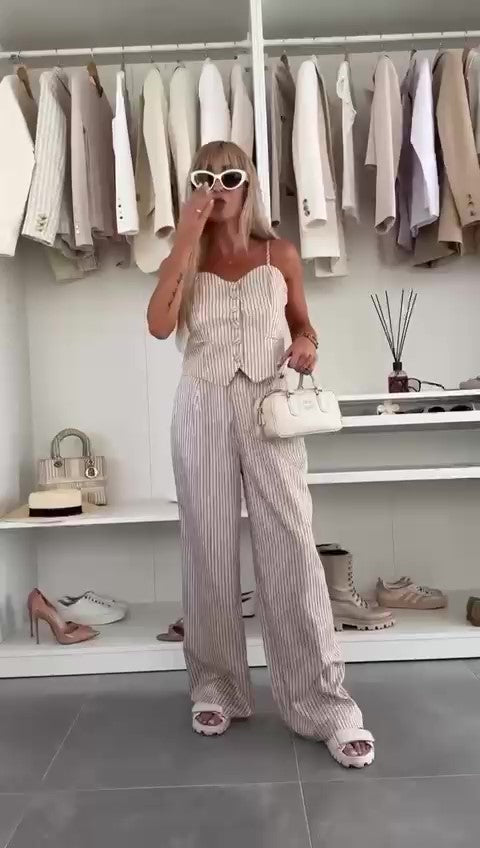 Completo Elegante con Righini Gessato Maglia Gilet Pantalone Palazzo Coordinato Tailleur Casual in 4 Colori - 7439