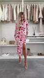Completo Maglia Manica Lunga Gonna Lunga Midi Spacco Laterale Stampa Fiori Bianco Rosa Rosso - 7440