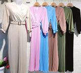 Abito Lungo Elegante con Cintura Gonna con Pieghe Plissettato Vestito Evento Midi Scollo V in 6 Colori - 7441