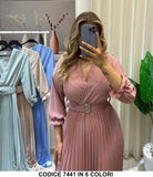 Abito Lungo Elegante con Cintura Gonna con Pieghe Plissettato Vestito Evento Midi Scollo V in 6 Colori - 7441