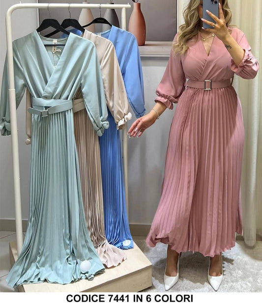 Abito Lungo Elegante con Cintura Gonna con Pieghe Plissettato Vestito Evento Midi Scollo V in 6 Colori - 7441