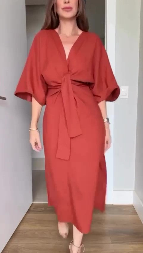 Abito Lungo Midi Cintura in Vita Cut Out Schiena Vestito Elegante Casual Manica 3/4 in 7 Colori - 7445