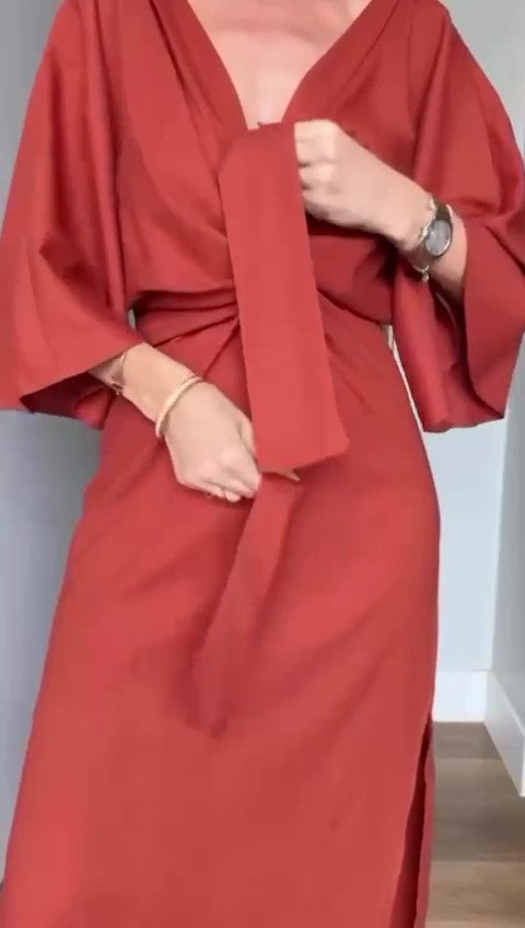 Abito Lungo Midi Cintura in Vita Cut Out Schiena Vestito Elegante Casual Manica 3/4 in 7 Colori - 7445