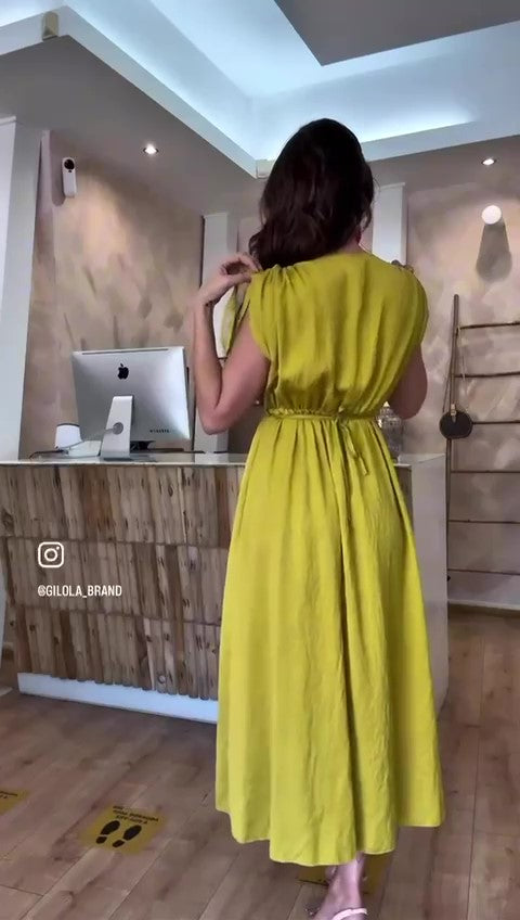 Abito Lungo Midi Smanicato Fiocchetti sulle Spalline Applicazione Cintura Rosa Vestito Elegante in 6 Colori - 7449