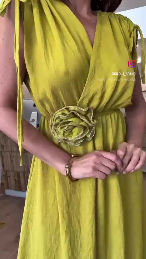 Abito Lungo Midi Smanicato Fiocchetti sulle Spalline Applicazione Cintura Rosa Vestito Elegante in 6 Colori - 7449