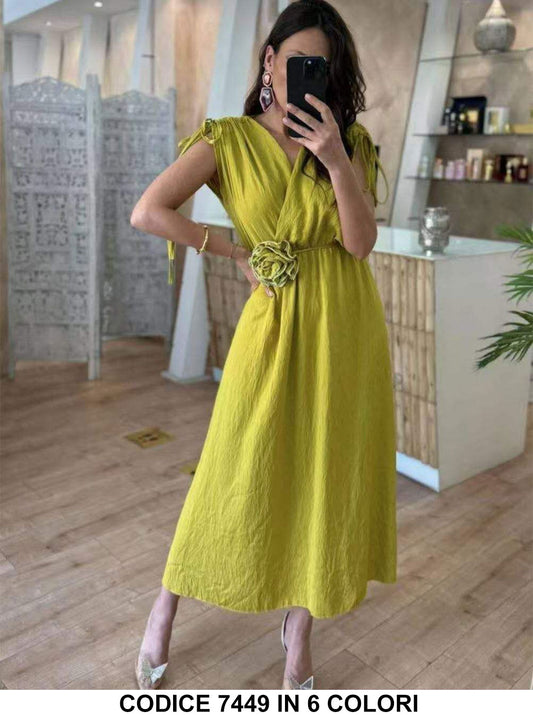 Abito Lungo Midi Smanicato Fiocchetti sulle Spalline Applicazione Cintura Rosa Vestito Elegante in 6 Colori - 7449