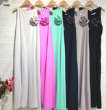 Abito Lungo Caftano Casual Smanicato Applicazione Fiore in Petto Vestito Casual Estate in 6 Colori - 7450
