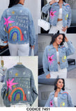 Giubbotto Giacca in jeans Blu Applicazione di Strass Disegni Colorati Giubbino Casual Fashion - 7451