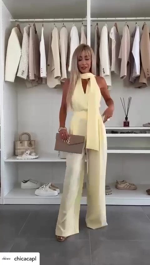 Tuta Elegante Intera Schiena Cut Out Pantalone Palazzo Fascia Regolabile Jumpsuit Serata Evento in 5 Colori - 7452