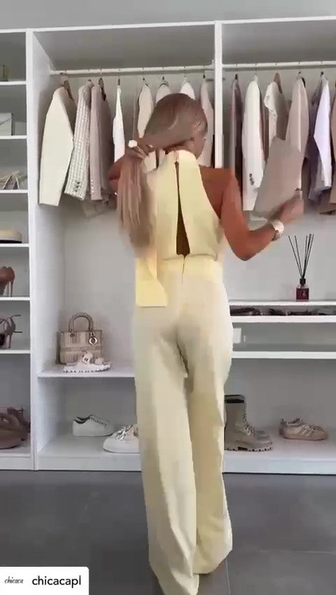 Tuta Elegante Intera Schiena Cut Out Pantalone Palazzo Fascia Regolabile Jumpsuit Serata Evento in 5 Colori - 7452