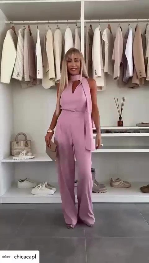 Tuta Elegante Intera Schiena Cut Out Pantalone Palazzo Fascia Regolabile Jumpsuit Serata Evento in 5 Colori - 7452
