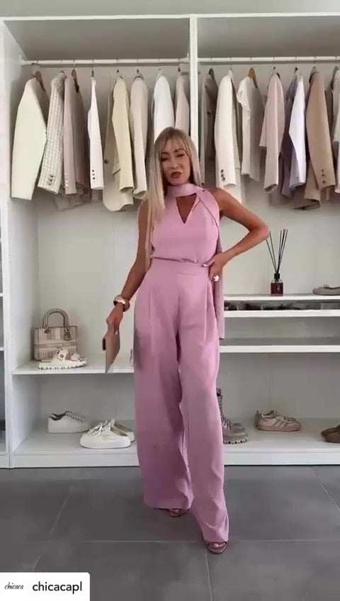 Tuta Elegante Intera Schiena Cut Out Pantalone Palazzo Fascia Regolabile Jumpsuit Serata Evento in 5 Colori - 7452