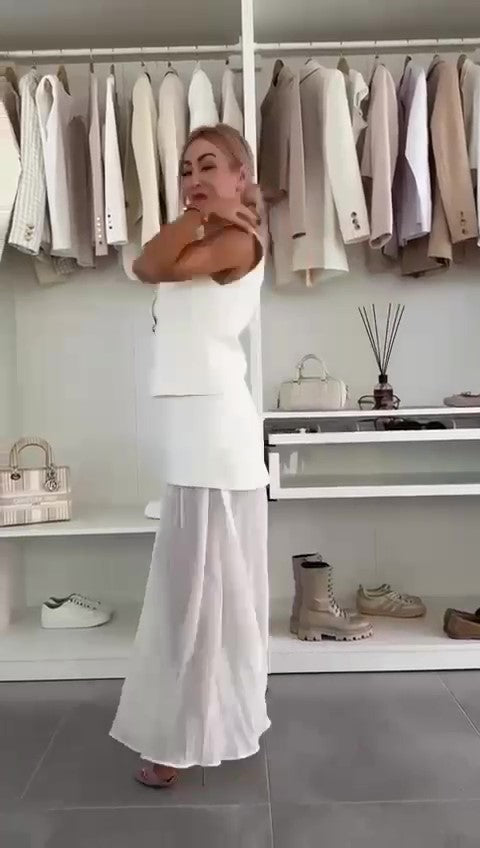 Completo Elegante Maglia Gilet Bottoni Oro Gioiello Gonna Lunga con Velo Coordinato Serata Bianco o Nero - 7453