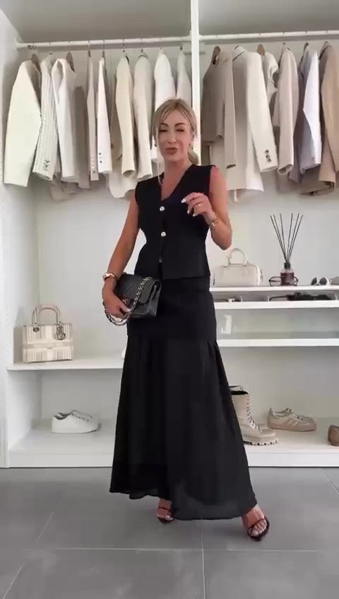 Completo Elegante Maglia Gilet Bottoni Oro Gioiello Gonna Lunga con Velo Coordinato Serata Bianco o Nero - 7453