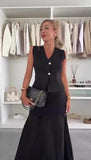 Completo Elegante Maglia Gilet Bottoni Oro Gioiello Gonna Lunga con Velo Coordinato Serata Bianco o Nero - 7453