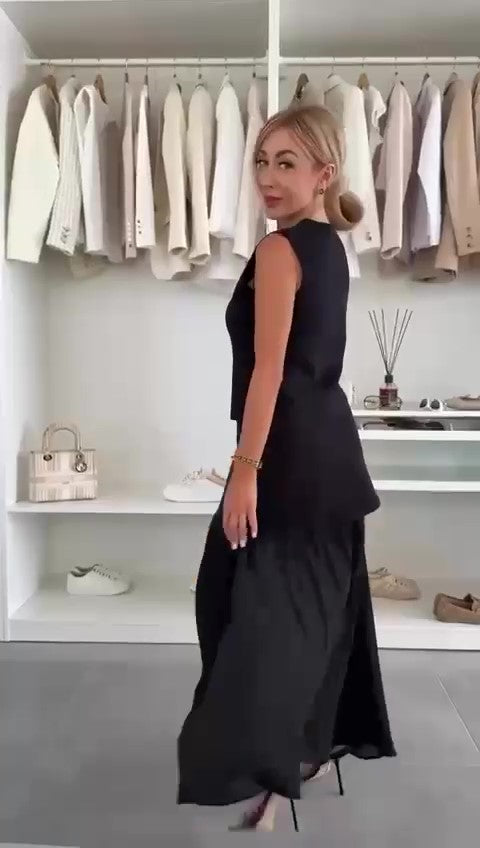 Completo Elegante Maglia Gilet Bottoni Oro Gioiello Gonna Lunga con Velo Coordinato Serata Bianco o Nero - 7453