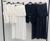 Completo Elegante Maglia Gilet Bottoni Oro Gioiello Gonna Lunga con Velo Coordinato Serata Bianco o Nero - 7453