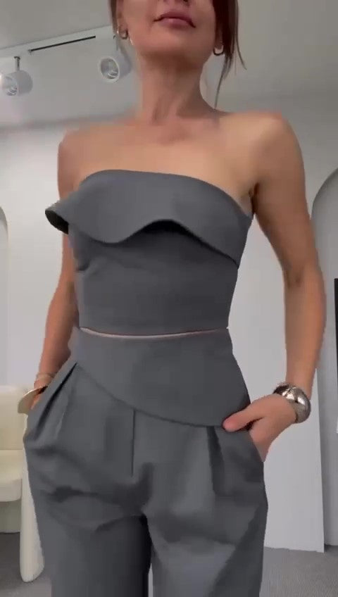 Completo Elegante Maglia Top Fascia Modellabile Pantalone Palazzo Coordinato Tailleur in 3 Colori - 7454
