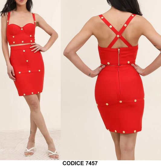 Completo Elegante Maglia Canotta Gonna Corta Bottoni Oro Gioiello Coordinato Evento Rosso - 7457