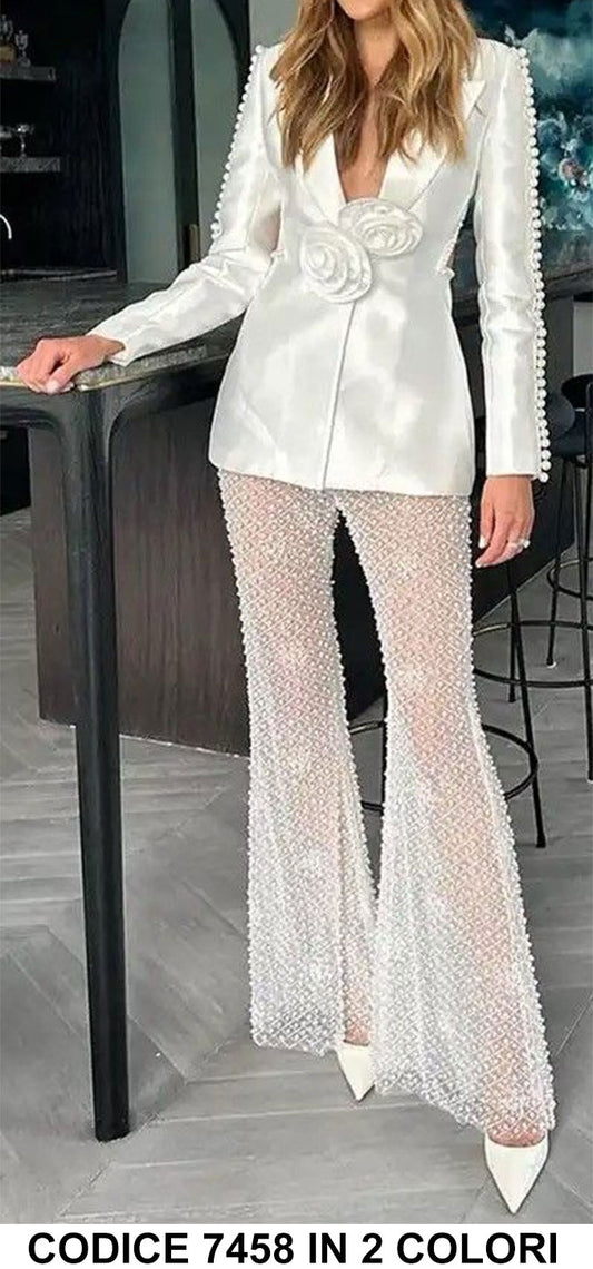 Tailleur Elegante Alta Qualità Interamente in Perline Giacca Applicazione Rosa Pantalone Palazzo Completo Bianco o Nero - 7458
